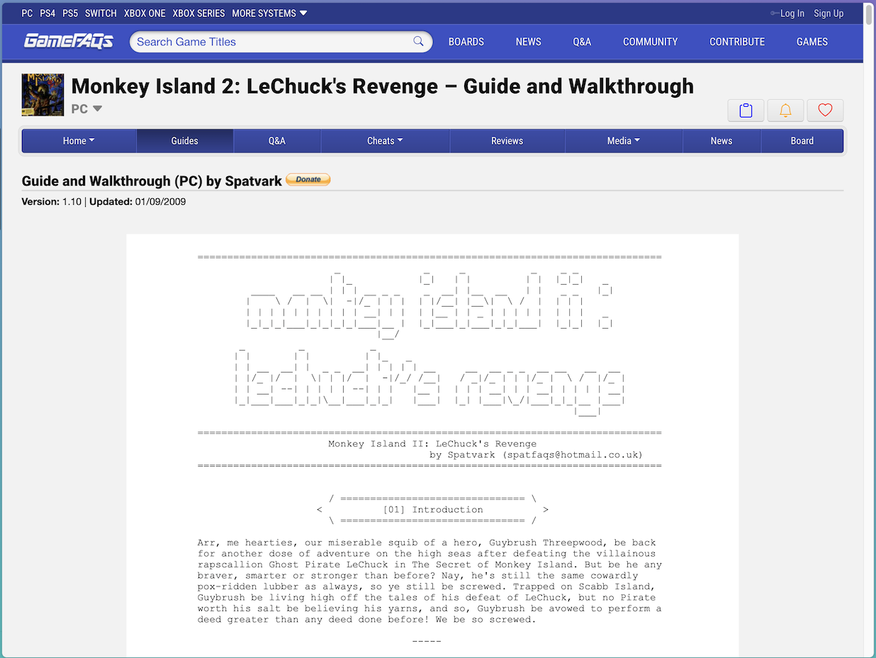 GameFaqs page for the LeChuck’s Revenge walkthrough by Spatvark