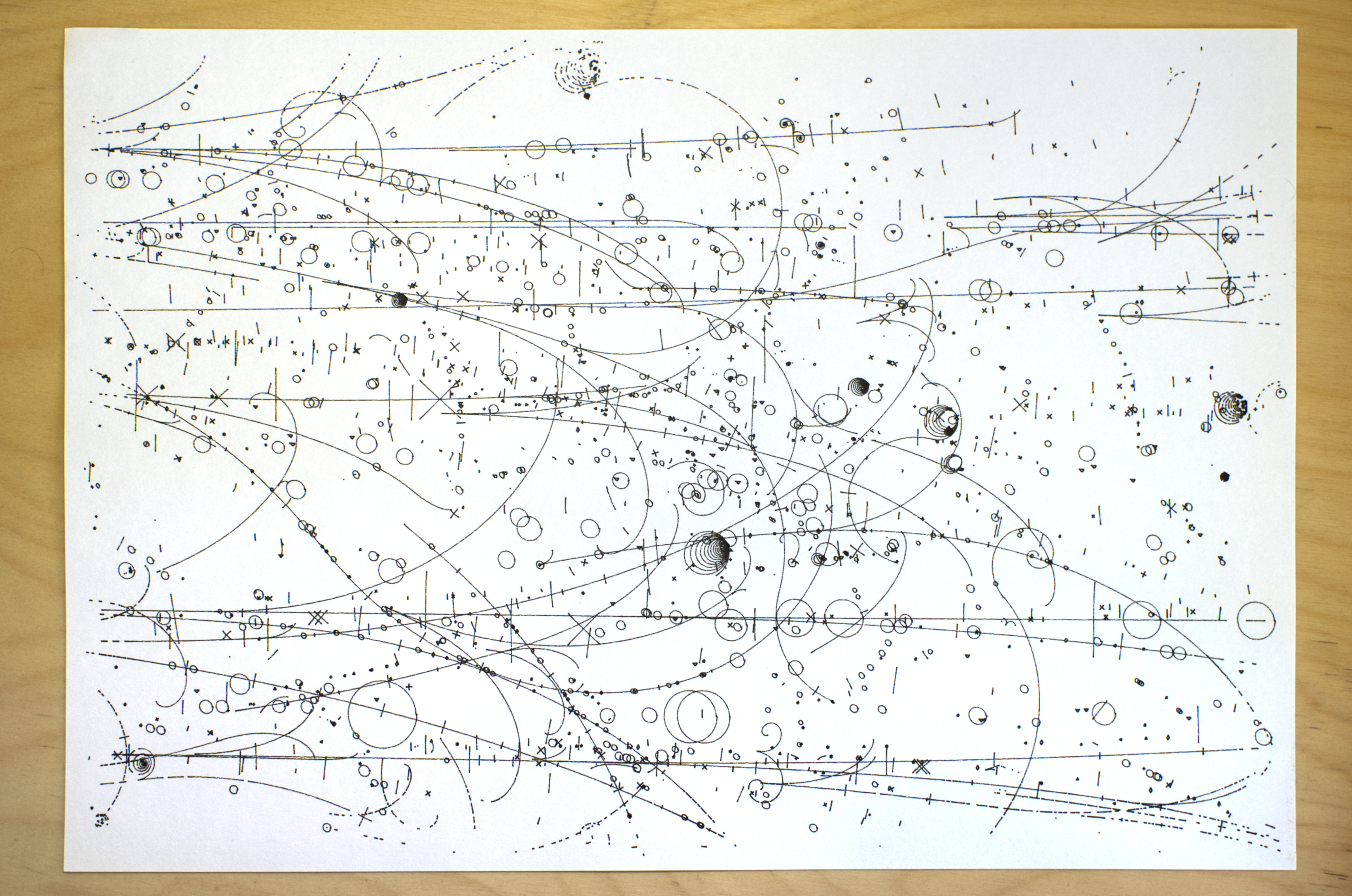 photograph of a plotted diagram, it has lines curving away from the right & symbols clustering along their length