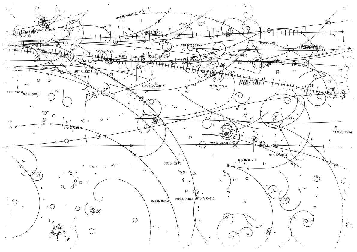 a plotted diagram, it has lines curving away from the right & symbols clustering along their length